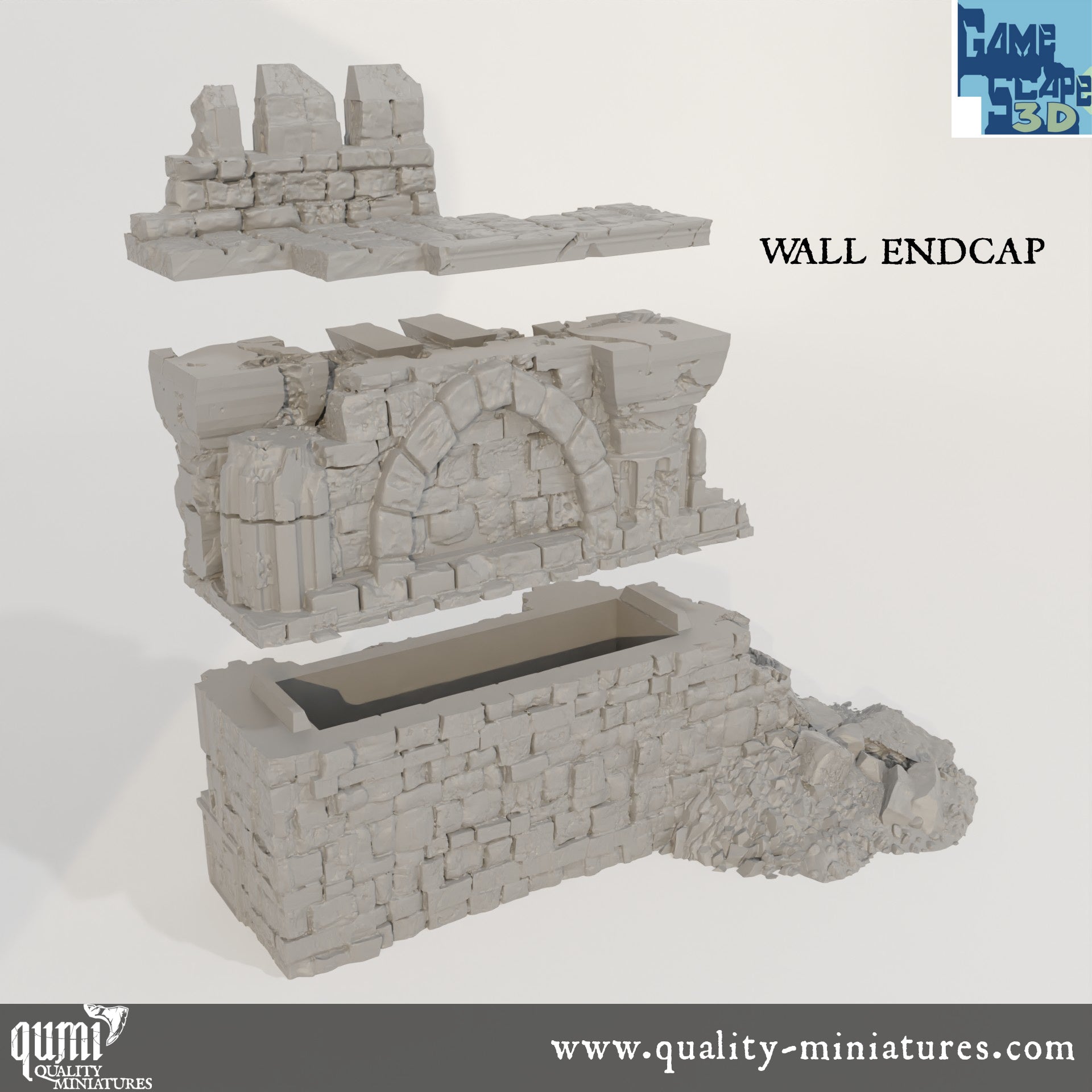 Ruin Wall EndCap - Resin Print - Tabletop RPG Terrain - GameScape3D - Qumi Quality Miniatures - Qumi