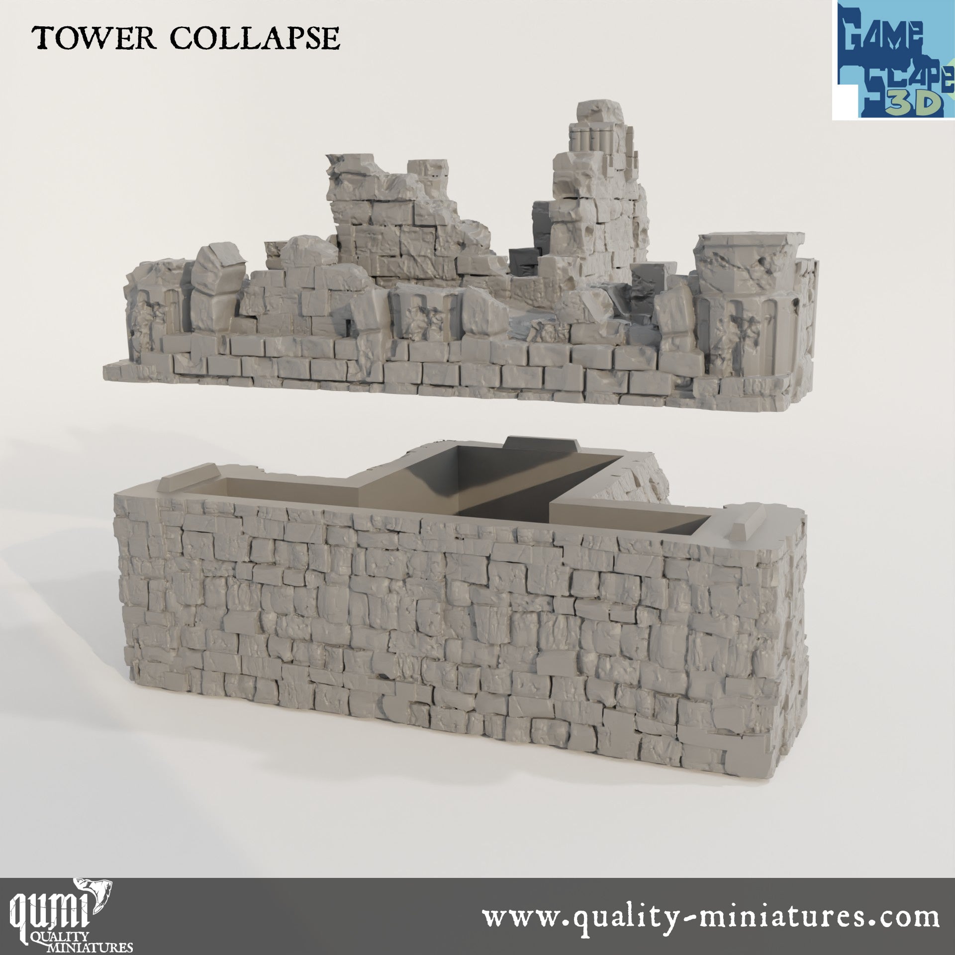 Ruin Wall Tower Collapse - Resin Print - Tabletop RPG Terrain - GameScape3D - Qumi Quality Miniatures - Qumi