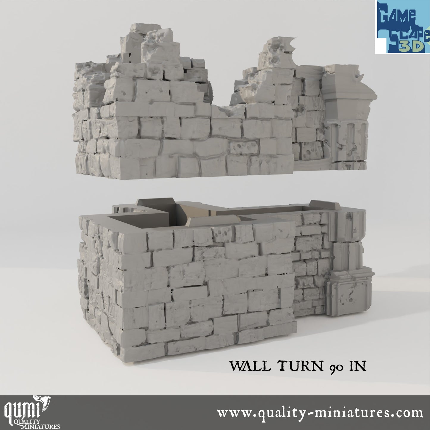 Ruin Wall Turn90 In - Resin Print - Tabletop RPG Terrain - GameScape3D - Qumi Quality Miniatures - Qumi