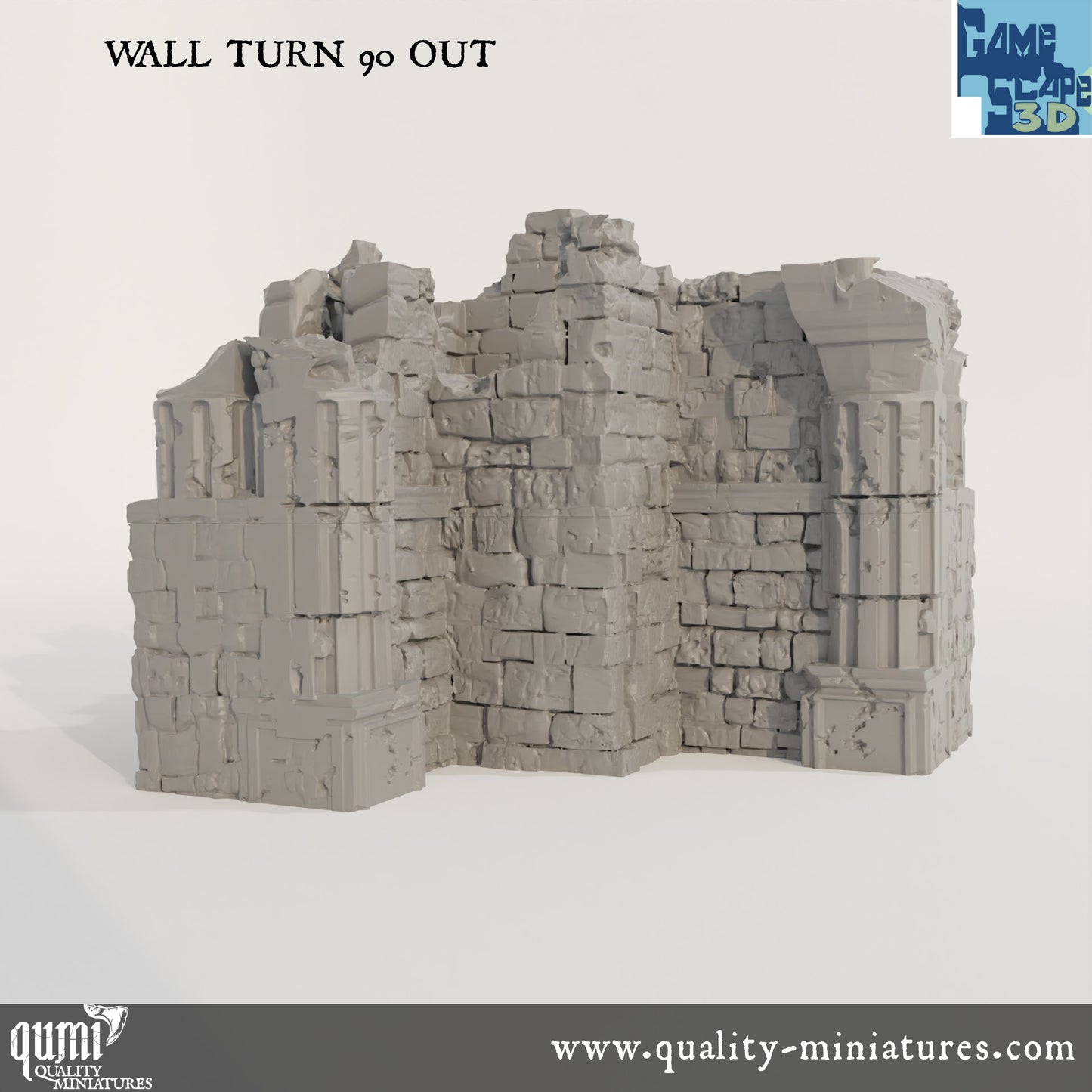 Ruin Wall Turn90 Out - Resin Print - Tabletop RPG Terrain - GameScape3D - Qumi Quality Miniatures - Qumi