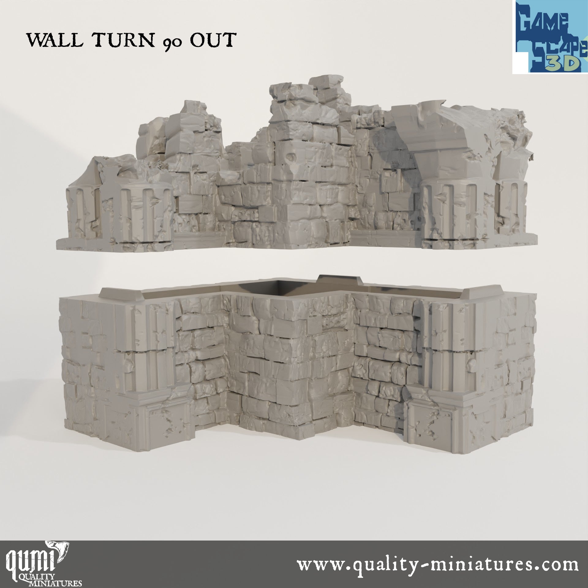 Ruin Wall Turn90 Out - Resin Print - Tabletop RPG Terrain - GameScape3D - Qumi Quality Miniatures - Qumi