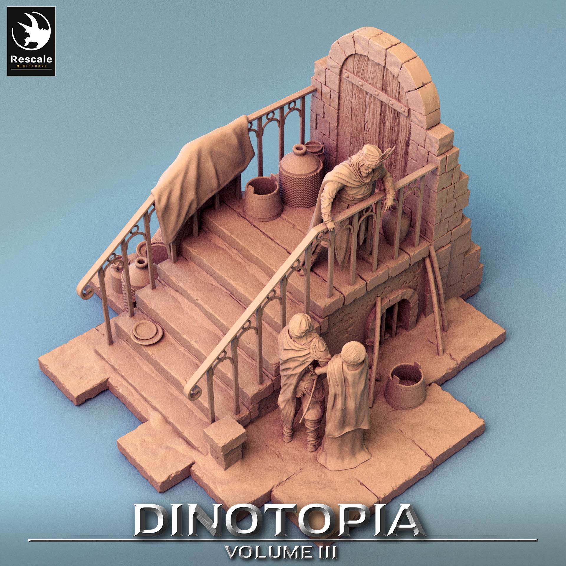 Stair Scene - Dinotopia - 32mm Tabletop RPG Mini - Qumi - Rescale Miniatures Quality Miniatures - Qumi