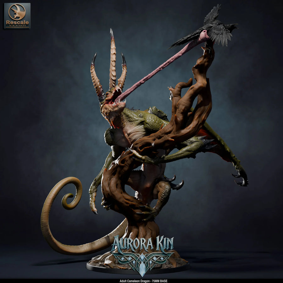Adult Chameleon Dragon – Aurora Kin Dragon: dragon tabletop miniature, designer preview from Rescale Miniatures's 'Aurora Kin' release, 3D-printed in resin by Qumi