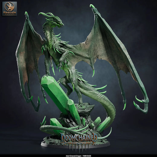 Adult Emerald Dragon – Doomchained Dragon: dragon tabletop miniature, designer preview from Rescale Miniatures's 'Doomchained' release, 3D-printed in resin by Qumi