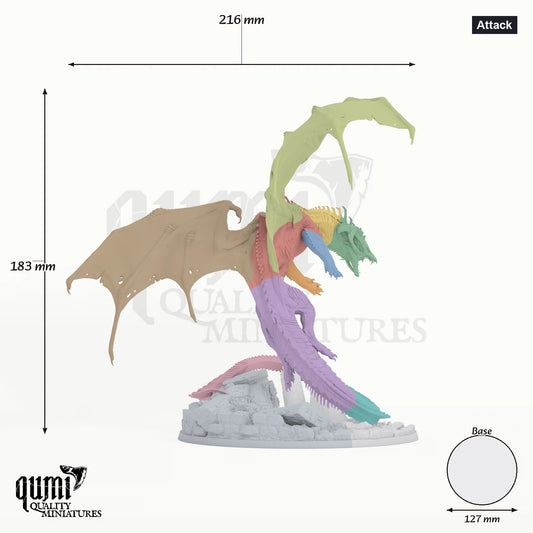 Dragon Black Dragon Tabletop Miniature dragon miniature - assembly overview with colour-coded parts and measurements
