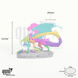 The Black Dragon's Hunt Tabletop Diorama dragon miniature - assembly overview with colour-coded parts and measurements