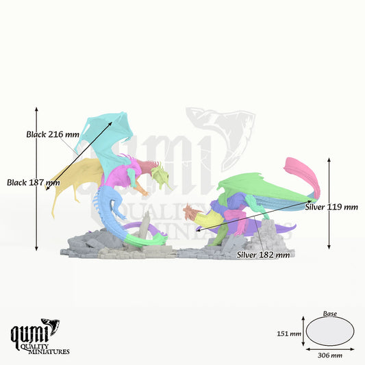Black Vs. Silver Dragon Tabletop Diorama dragon miniature - assembly overview with colour-coded parts and measurements