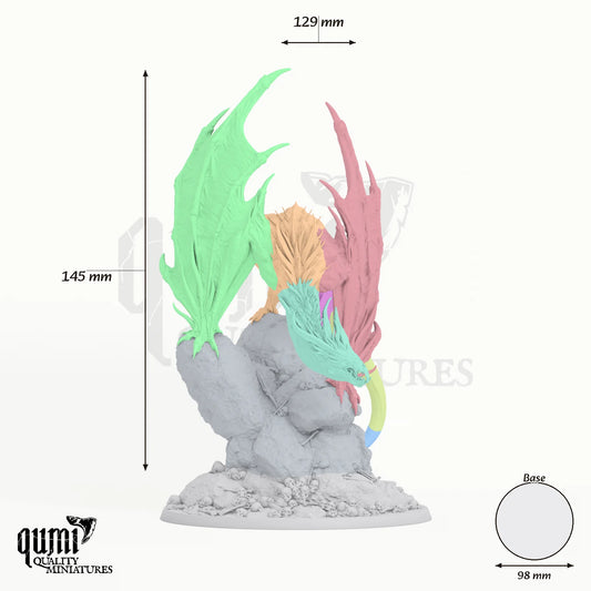 Dragon Blind Crypt Wyrm Tabletop Miniature dragon miniature - assembly overview with colour-coded parts and measurements