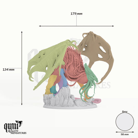 Dragon Elder Brain Dragon Tabletop Miniature dragon miniature - assembly overview with colour-coded parts and measurements