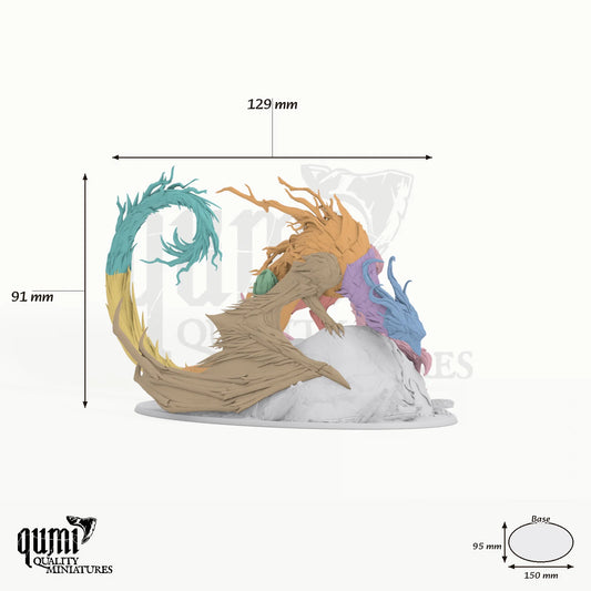 Dragon Briar Dragon Tabletop Miniature dragon miniature - assembly overview with colour-coded parts and measurements