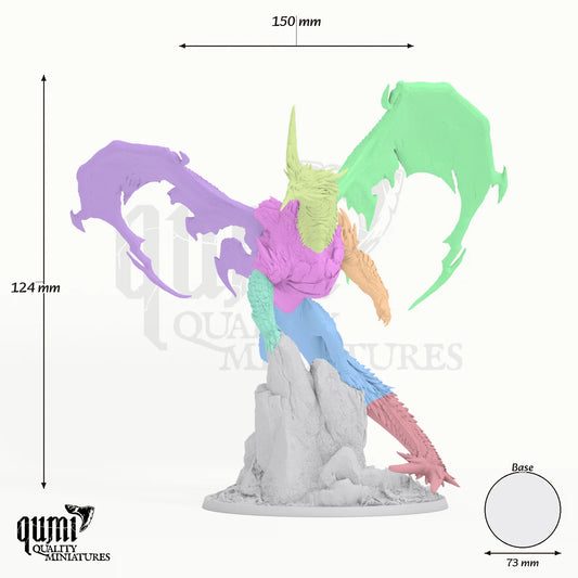 Dragon Chromatic Blue Dragon Tabletop Miniature dragon miniature - assembly overview with colour-coded parts and measurements