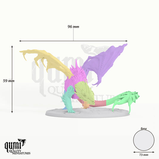 Dragon Chromatic White Dragon Tabletop Miniature dragon miniature - assembly overview with colour-coded parts and measurements