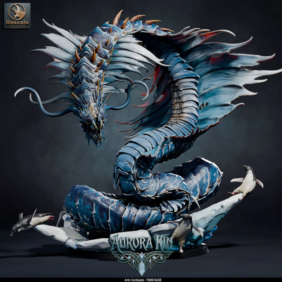 Arctic Centipede – Aurora Kin Creature: giant centipede tabletop miniature, designer preview from Rescale Miniatures's 'Aurora Kin' release, 3D-printed in resin by Qumi