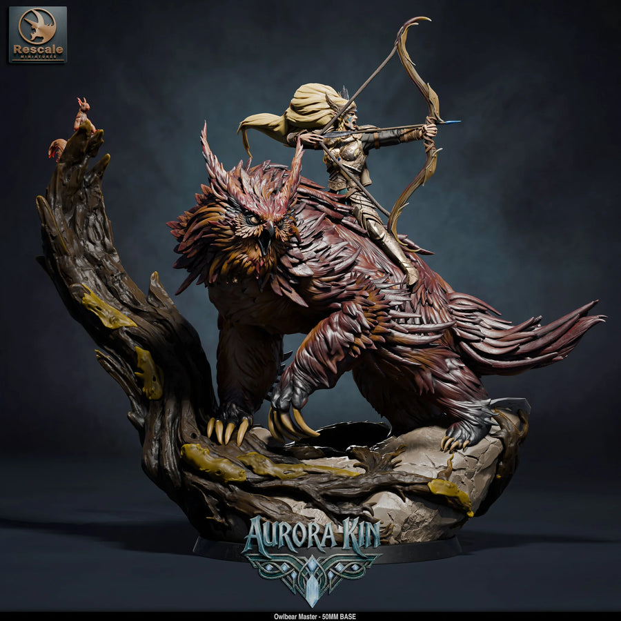 Owlbear – Owlbear with Elven Archer: owlbear tabletop miniature, designer preview from Rescale Miniatures's 'Aurora Kin' release, 3D-printed in resin by Qumi