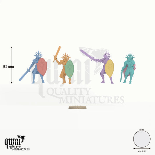 Dawnshield Sister 32mm scale (Set of 4) - colour-coded parts render, 50 mm tall, 8 body parts, 25 mm round base