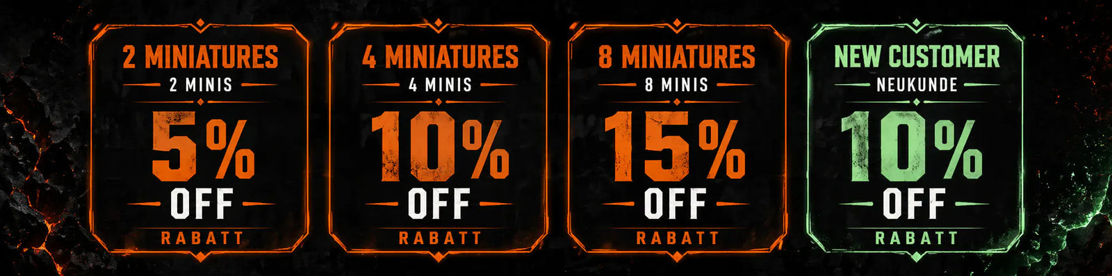 Set of four promotional signs with discount percentages on a dark background