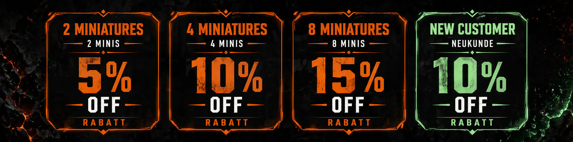 Set of four promotional signs with discount percentages on a dark background