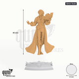 32mm scale diagram of Carina Braithwaite sorcerer miniature with height and 25mm base dimensions