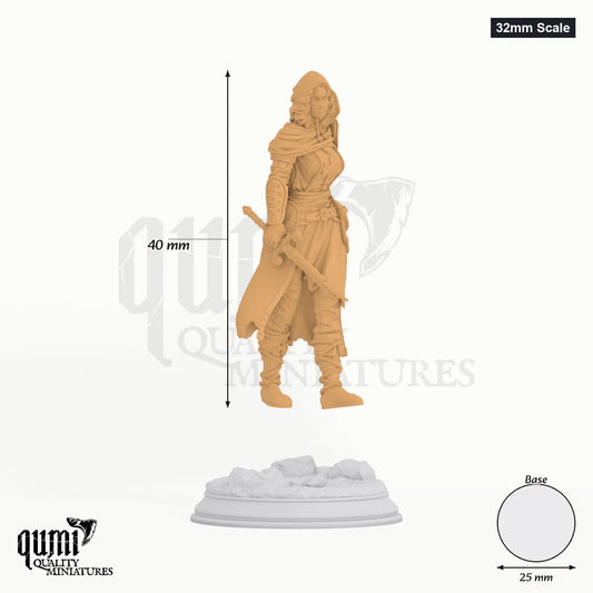 Assassin Delyna tabletop miniature (32mm Scale) - 40 mm tall, 25 mm base, 1+1 part assembly - DM Stash 3D print by Qumi