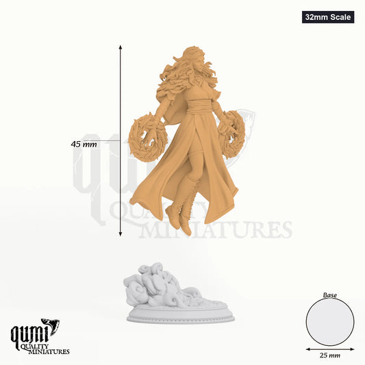Sorcereress Tyria tabletop miniature (32mm Scale) - 45 mm tall, 25 mm base, 1+1 part assembly - DM Stash 3D print by Qumi