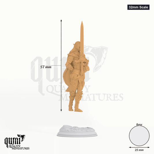 Feywalker Elf Alysion tabletop miniature (32mm Scale) - 57 mm tall, 25 mm base, 1+1 part assembly - DM Stash 3D print by Qumi