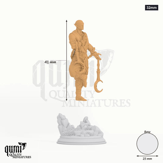 Uxas Drow Lunar Monk tabletop miniature (32mm) - 41 mm tall, 25 mm base, 1+1 part assembly - DM Stash 3D print by Qumi