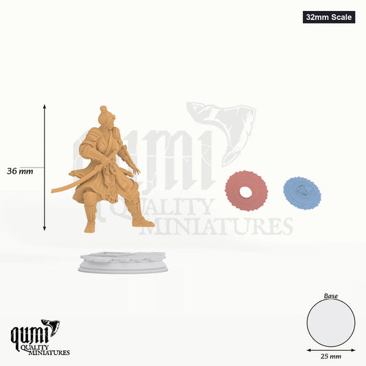 Assassin Yushin tabletop miniature (32mm Scale) - 101 mm tall, 25 mm base, 3+1 part assembly - DM Stash 3D print by Qumi