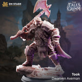 Took – Dwarven Axeman: dwarf axe fighter tabletop miniature, designer preview from DM Stash's 'The Tales Grimm' release, 3D-printed in resin by Qumi