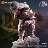 Rook – Dwarven Cannoneer: dwarf cannoneer tabletop miniature, designer preview from DM Stash's 'The Tales Grimm' release, 3D-printed in resin by Qumi