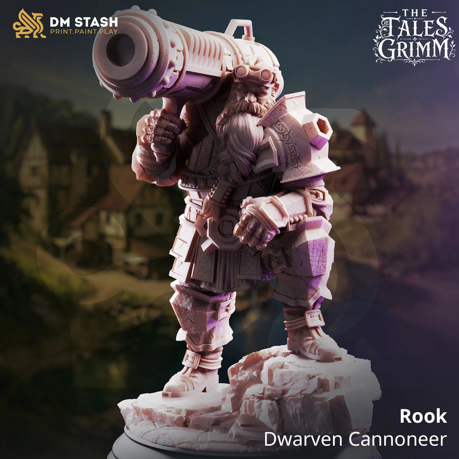 Rook – Dwarven Cannoneer: dwarf cannoneer tabletop miniature, designer preview from DM Stash's 'The Tales Grimm' release, 3D-printed in resin by Qumi