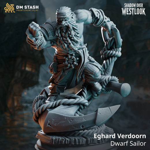 Eghard Verdoorn – Dwarf Sailor: dwarf sailor tabletop miniature, designer preview from DM Stash's 'Shadow over Westlook' release, 3D-printed in resin by Qumi