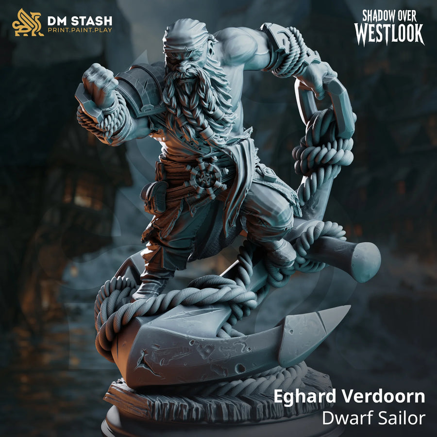 Eghard Verdoorn – Dwarf Sailor: dwarf sailor tabletop miniature, designer preview from DM Stash's 'Shadow over Westlook' release, 3D-printed in resin by Qumi