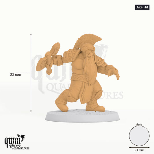 Dwarf Dwarf Warrior tabletop miniature (Axe Hit) - 33 mm tall, 31 mm base - Rescale Miniatures 3D print by Qumi
