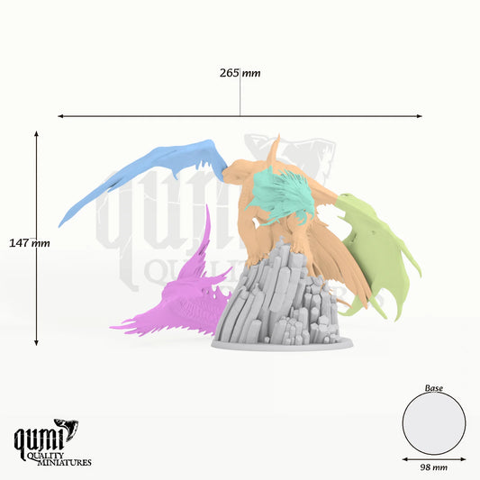 Elder Bronze Dragon Tabletop Miniature dragon miniature - assembly overview with colour-coded parts and measurements