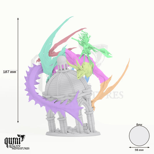 Elder Cursed Dragon Tabletop Miniature dragon miniature - assembly overview with colour-coded parts and measurements