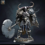 Dread Titan – Horned Giant Warlord: horned giant tabletop miniature, designer preview from Rescale Miniatures's 'Doomchained' release, 3D-printed in resin by Qumi