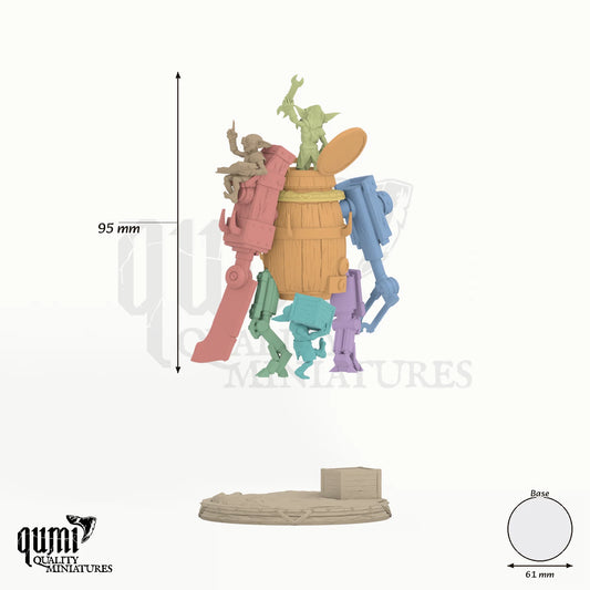 Wood Gear Goblin - colour-coded parts render, 95 mm tall, 10 body parts, 61 mm round base