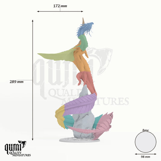 Dragon Gold Dragon Tabletop Miniature dragon miniature - assembly overview with colour-coded parts and measurements