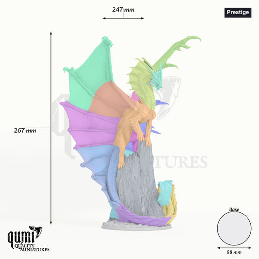 Dragon Legendary Metallic Gold Dragon Tabletop Miniature dragon miniature - assembly overview with colour-coded parts and measurements