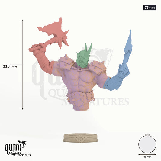 Gorgrash the Ripper Miniature Bust 75mm - colour-coded parts render, 113 mm tall, 5 body parts, 46 mm round base