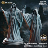 Quorenderi's Drowned – Cultists of the Deep One: hooded cultist tabletop miniature, designer preview from DM Stash's 'Shadow over Westlook' release, 3D-printed in resin by Qumi
