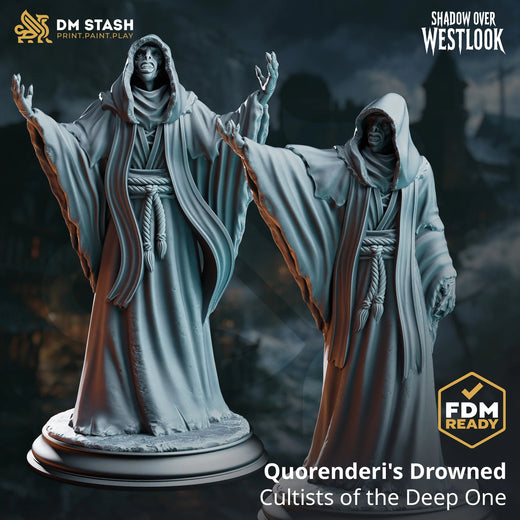 Quorenderi's Drowned – Cultists of the Deep One: hooded cultist tabletop miniature, designer preview from DM Stash's 'Shadow over Westlook' release, 3D-printed in resin by Qumi