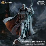 Alexander of Riverbrook Human Inquisitor miniature holding a pistol and wearing a detailed cloak