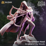 The Crimson Hood – Brigand of the Woods: rogue archer tabletop miniature, designer preview from DM Stash's 'The Tales Grimm' release, 3D-printed in resin by Qumi