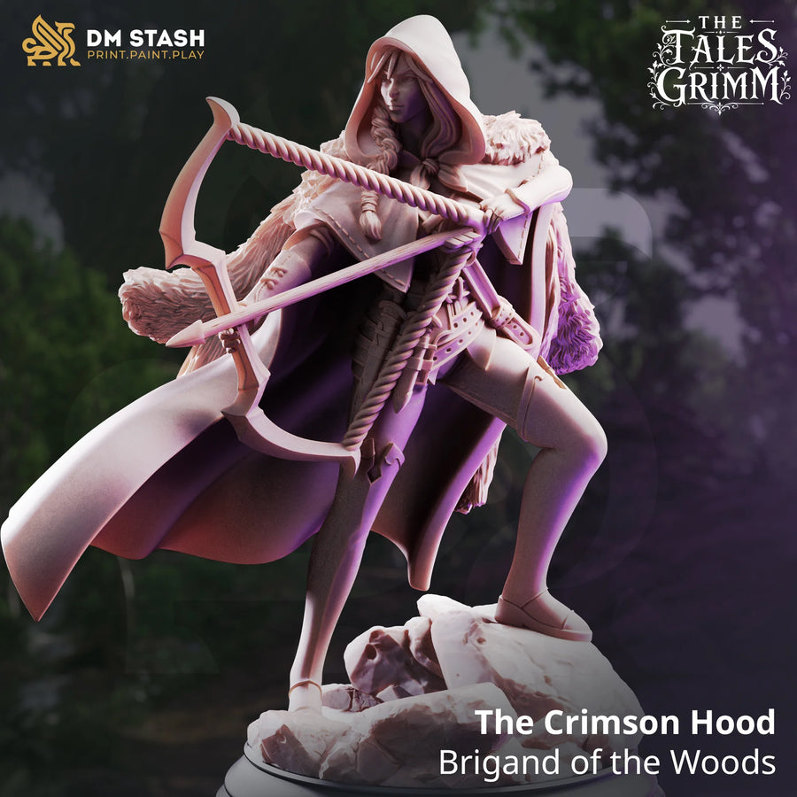 The Crimson Hood – Brigand of the Woods: rogue archer tabletop miniature, designer preview from DM Stash's 'The Tales Grimm' release, 3D-printed in resin by Qumi