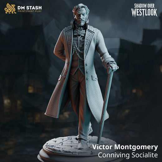 Victor Montgomery – Conniving Socialite: conniving socialite tabletop miniature, designer preview from DM Stash's 'Shadow over Westlook' release, 3D-printed in resin by Qumi