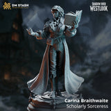 Carina Braithwaite scholarly sorceress fantasy miniature holding an open spellbook