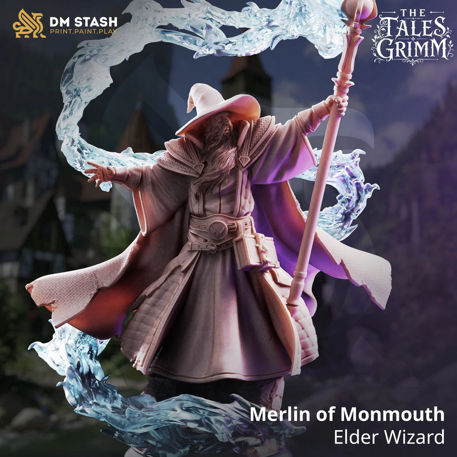 Merlin of Monmouth – Elder Wizard: wizard tabletop miniature, designer preview from DM Stash's 'The Tales Grimm' release, 3D-printed in resin by Qumi
