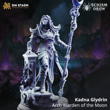 Kadna Glydrin – Arch Warden of the Moon: drow arch warden tabletop miniature, designer preview from DM Stash's 'Irinax' release, 3D-printed in resin by Qumi
