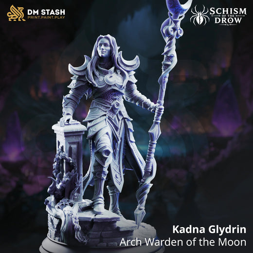 Kadna Glydrin – Arch Warden of the Moon: drow arch warden tabletop miniature, designer preview from DM Stash's 'Irinax' release, 3D-printed in resin by Qumi